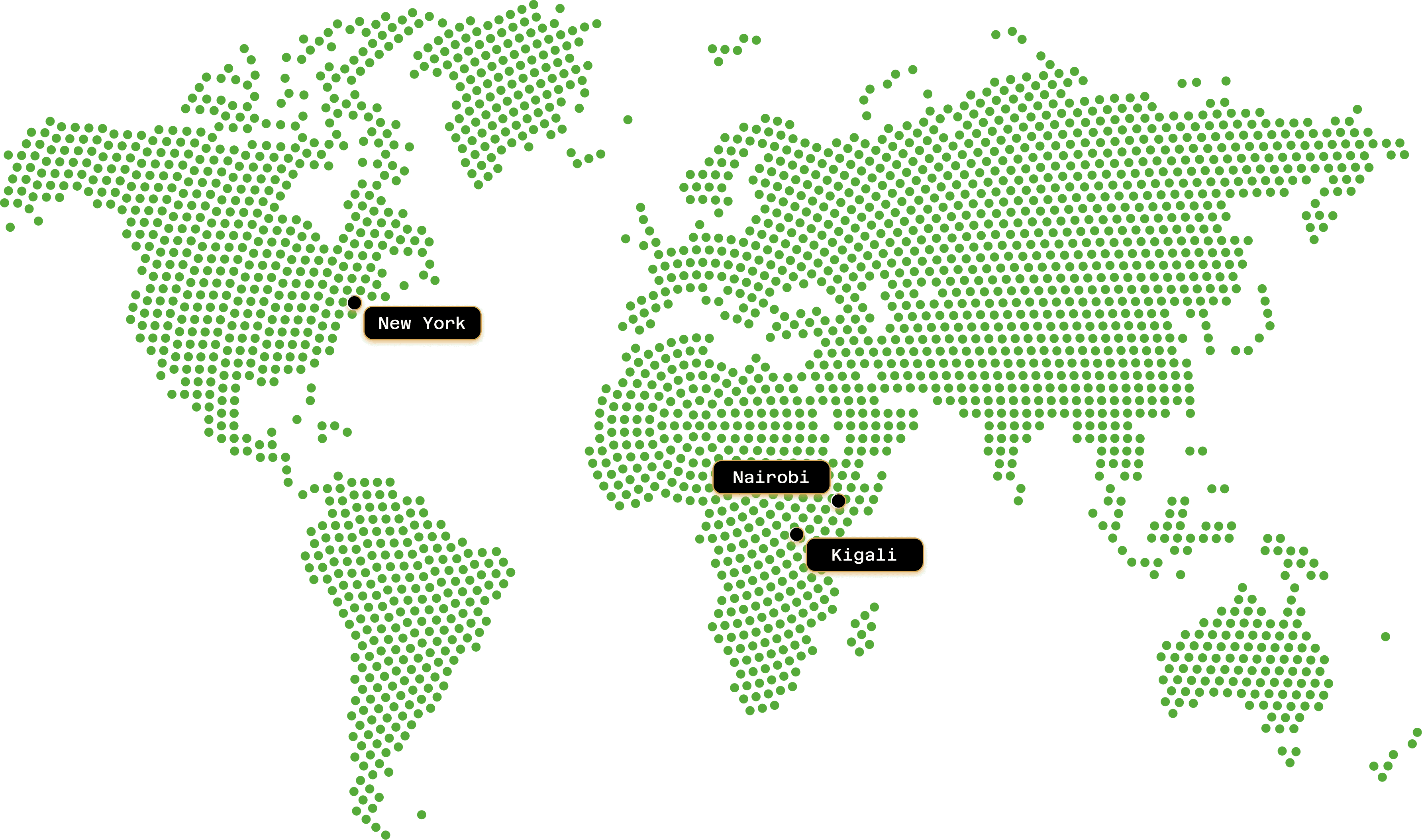 World map showing Kigali, Nairobi & New Yoerk