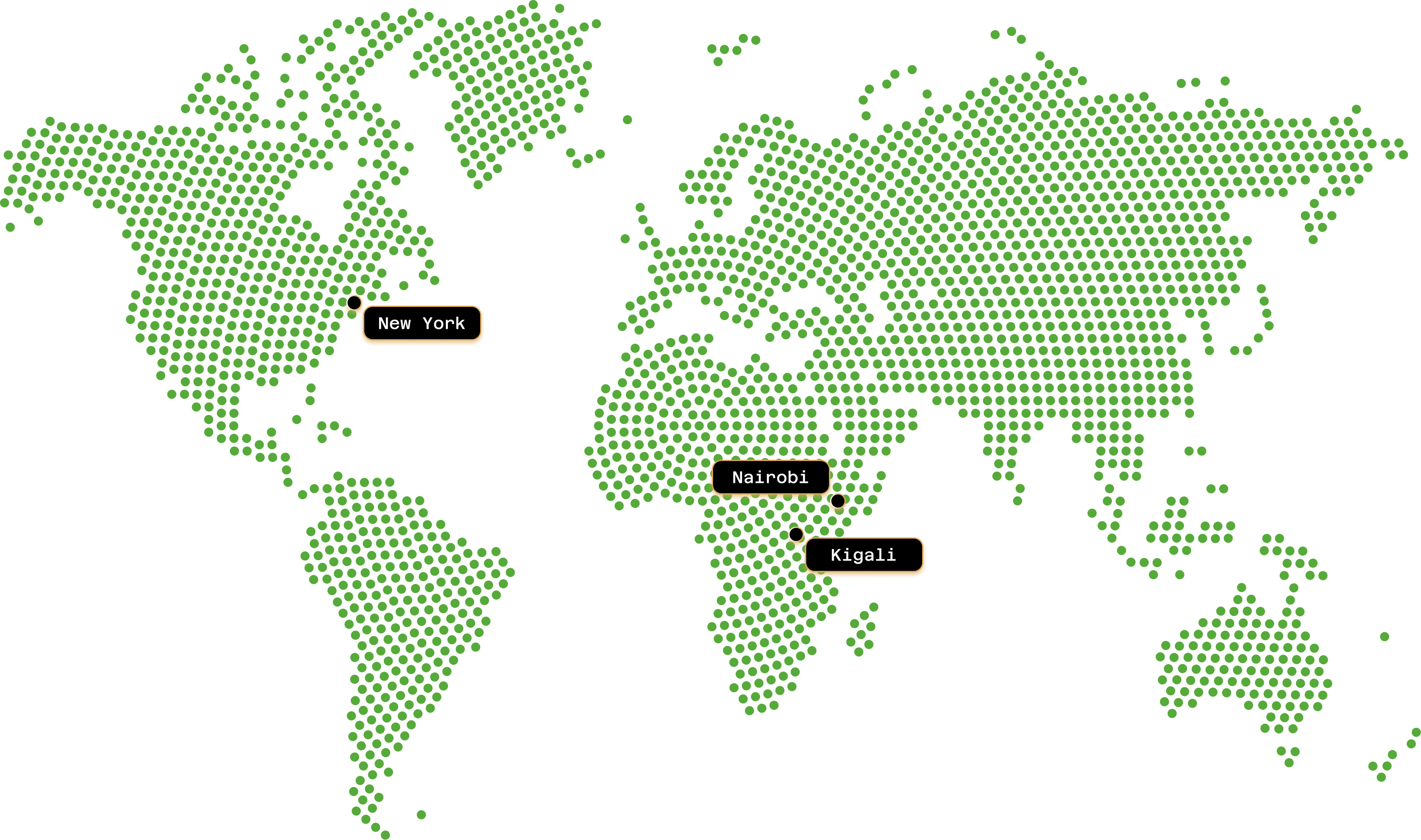 World map showing Kigali, Nairobi & New Yoerk